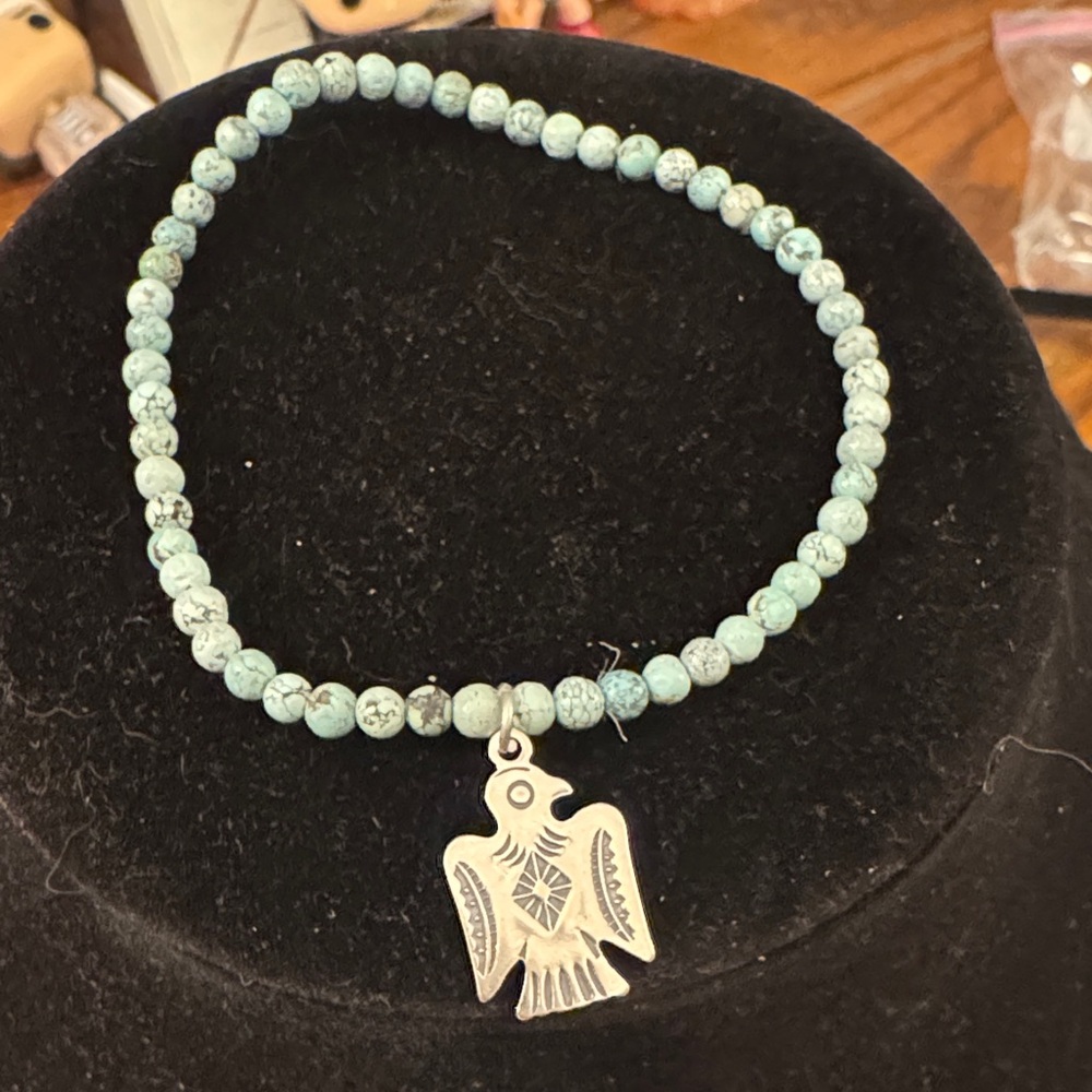 Turquoise Beaded Stretch Bracelet with 925 Silver Thunderbird Charm